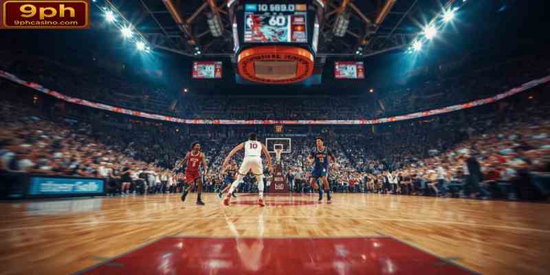 Professional basketball game with crowd and scoreboard in arena
